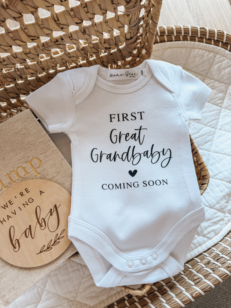 First great Grandbaby coming soon white onesie pregnancy announcement