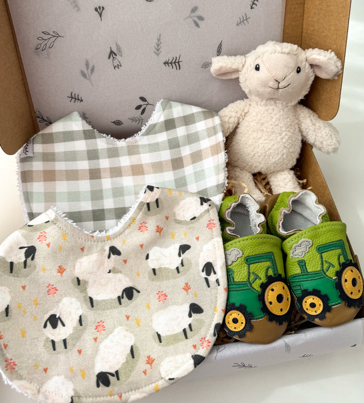 Baby Boy Gift Set | Tractor Shoes, Bibs & Sheep Toy
