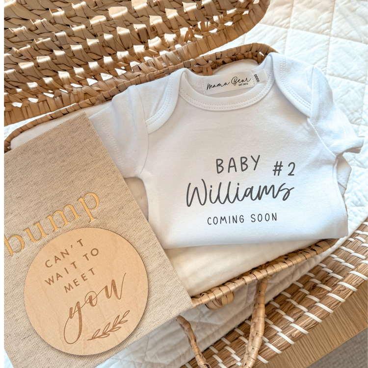 Pregnancy Announcement Baby Onesie | Baby #2,3,4 etc. Surname & Due Date
