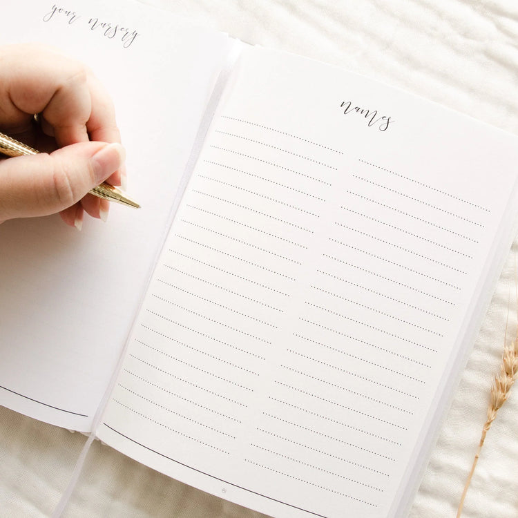 A pregnancy diary opened to a page that says 'Names'. The page is lined, where you can write all your baby name ideas.