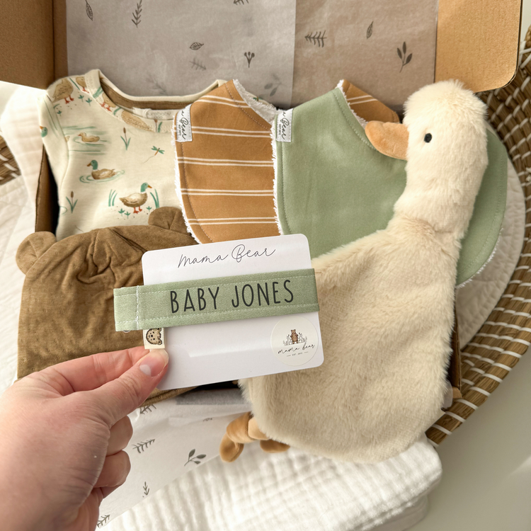 Personalised Baby Boy Newborn Gift Hamper | Sage & Caramel Stripe Goose