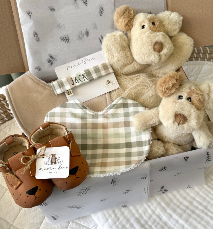 A baby boy gift box containing two soft plush puppy toys, a personalised dummy clip with ‘Jack’ written on it, a green and beige gingham bib, tan baby shoes with a bear face design, and a neutral-toned bib, all beautifully arranged on decorative tissue paper.