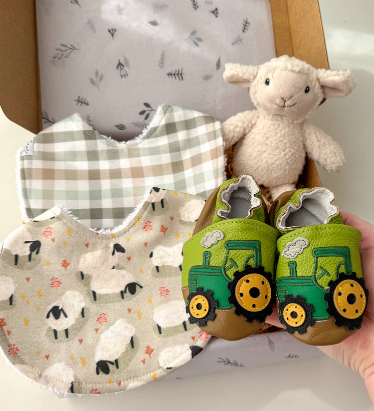 Baby Boy Gift Set | Tractor Shoes, Bibs & Sheep Toy