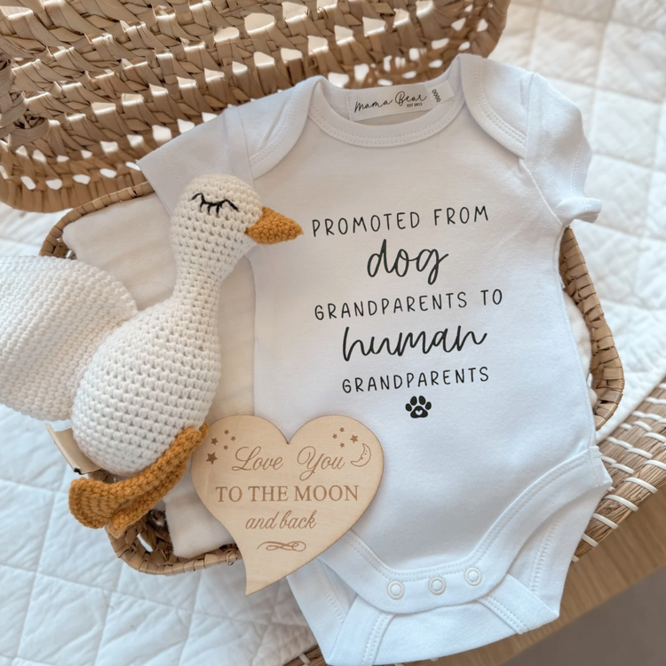 CUSTOMISABLE Pet Pregnancy Announcement Onesie | Dog Grandparents to human Grandparents