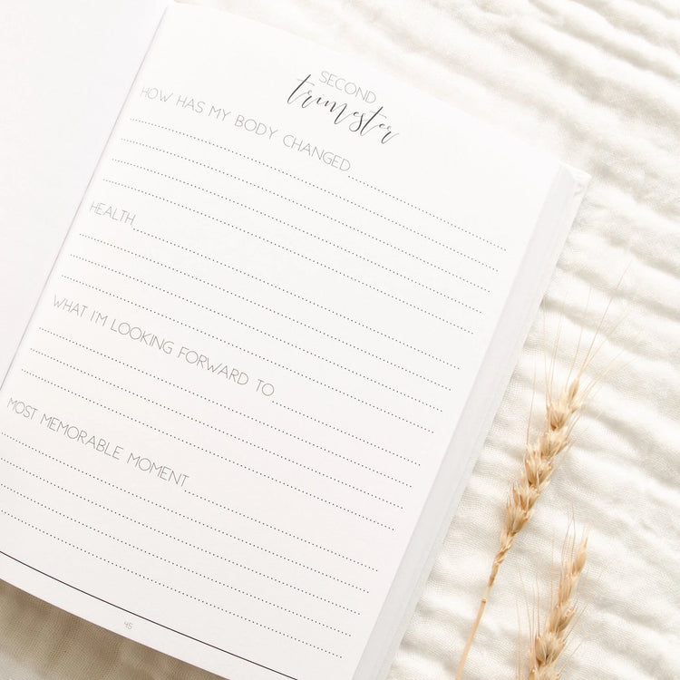 Page of a pregnancy journal which says 'Second Trimester' up the top, followed by some written prompts to help you journal your thoughts. Including, 'How has my body changed' 'Health' 'What i'm looking forward to' and 'most memorable moment'. This is a great way to remember your pregnancy journey.