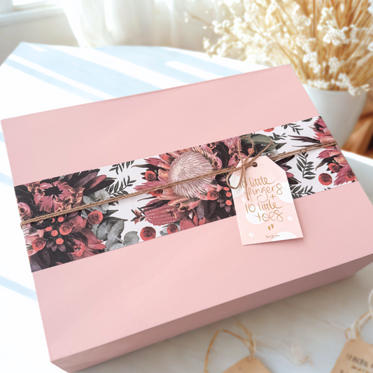 Pastel pink magnetic baby gift box with native floral wrap and “Little Fingers & 10 Little Toes” tag — perfect for baby girl gift, newborn keepsake, or baby shower present.
