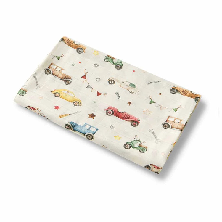 Baby Muslin Wrap with vintage car pattern on a white background