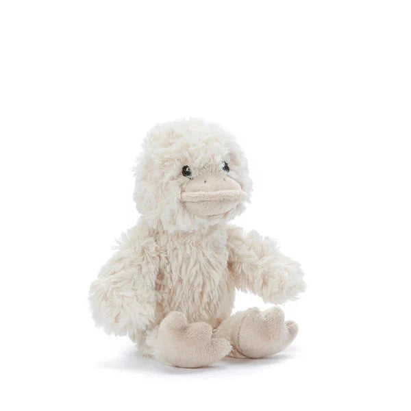 A beige-colored plush rattle in the shape of a duck, with a soft texture, designed for babies.