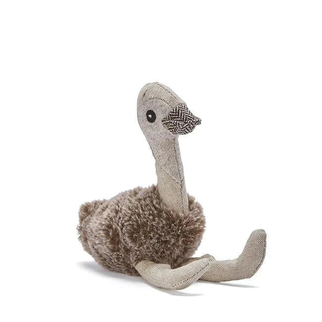 A plush toy resembling a mini emu with soft brown and beige fabric, designed as a rattle toy.
