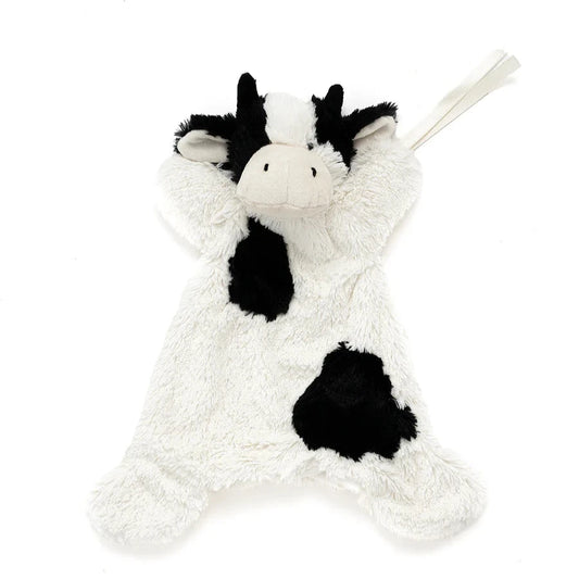 Plush baby cow toy with a white background. Cow looks like a dairy cow with black and white spots, fur is very soft and snuggly.