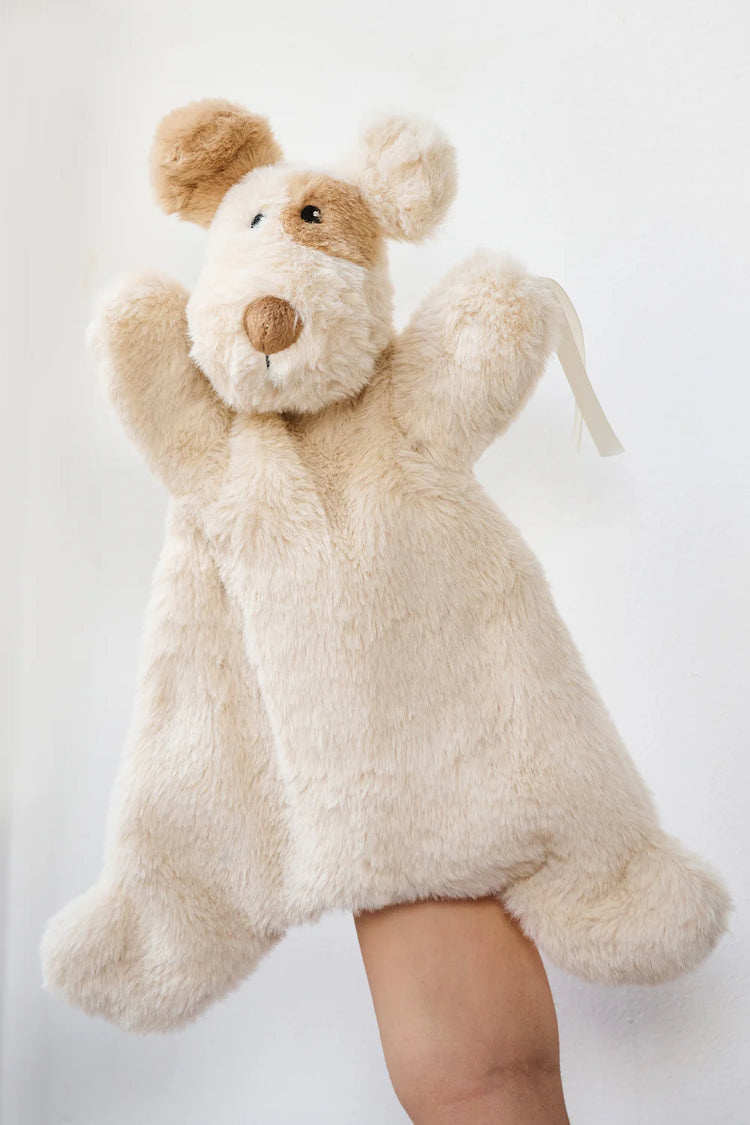 A beige plush puppet designed to be worn as a hand puppet, with a secure dummy attachment, suitable for babies.