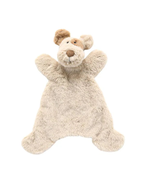 Flatlay on white back drop featuring a plush furry puppy dog in a beige print with a brown spot on his left ear and right eye. This comforter is perfect for newborn babies and has some ribbon attached to his paw to secure dummy.