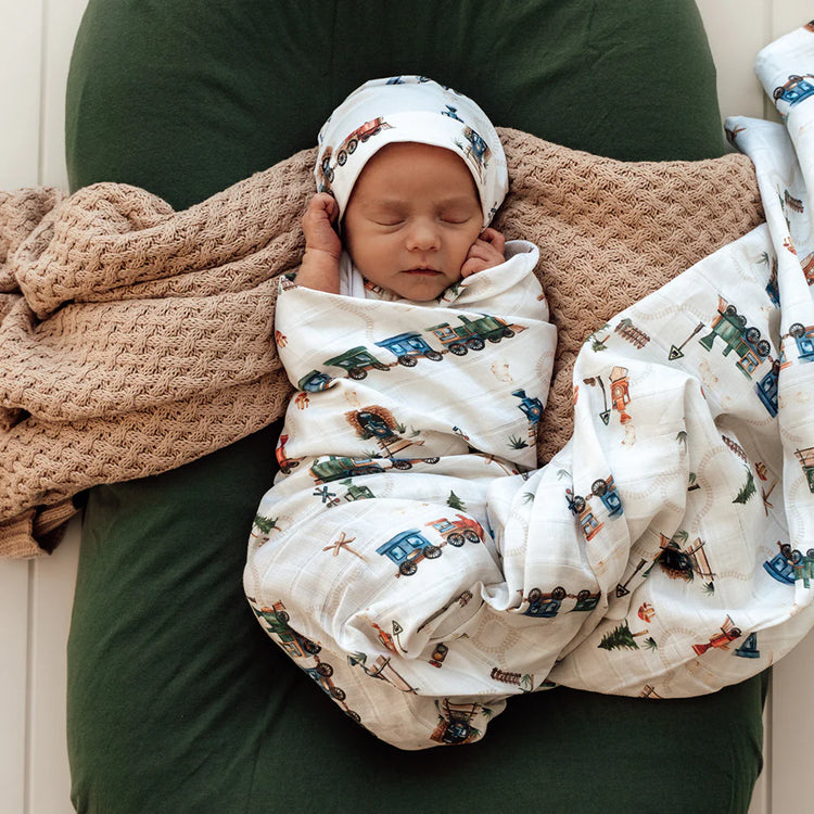 Newborn baby wrapped in a blanket with train patterns