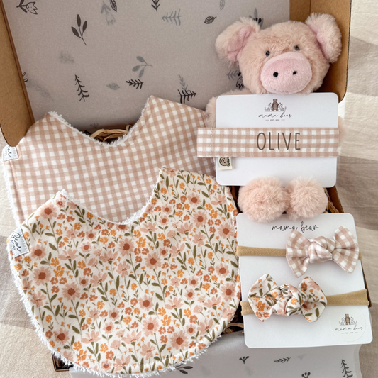 Personalised baby girl gift box. Pink mini floral toned bib, muted pink / beige gingham bib, matching dummy clip with personalised name in a playful brown font, 2 matching baby hairbows on a nylon band and a tiny little fluffy pink pig rattle toy.
