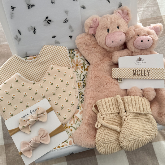 Curated baby girl gift hamper with a personalised beige gingham dummy clip, plush light pink pig comforter, matching baby pig rattle, muted pink floral burp cloth, two handmade bibs (one in mini beige gingham, the other in a pale pink with tiny white daisy stems scattered over it), honey coloured newborn booties and matching hair bows. Packaged in a magnetic close gift box