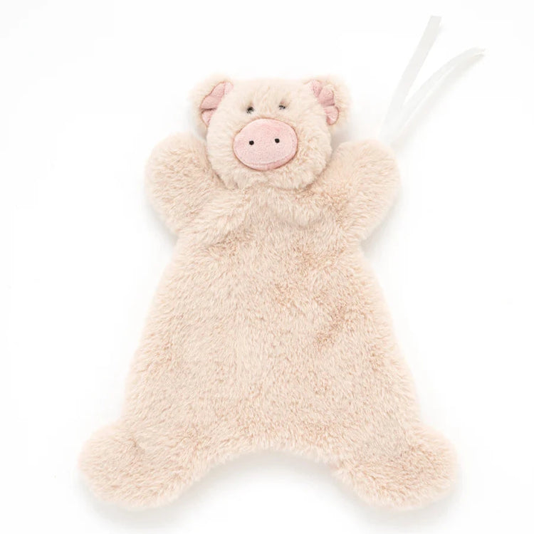 Flat lay on white background of a light pink pig baby comforter. Pig has soft fur.