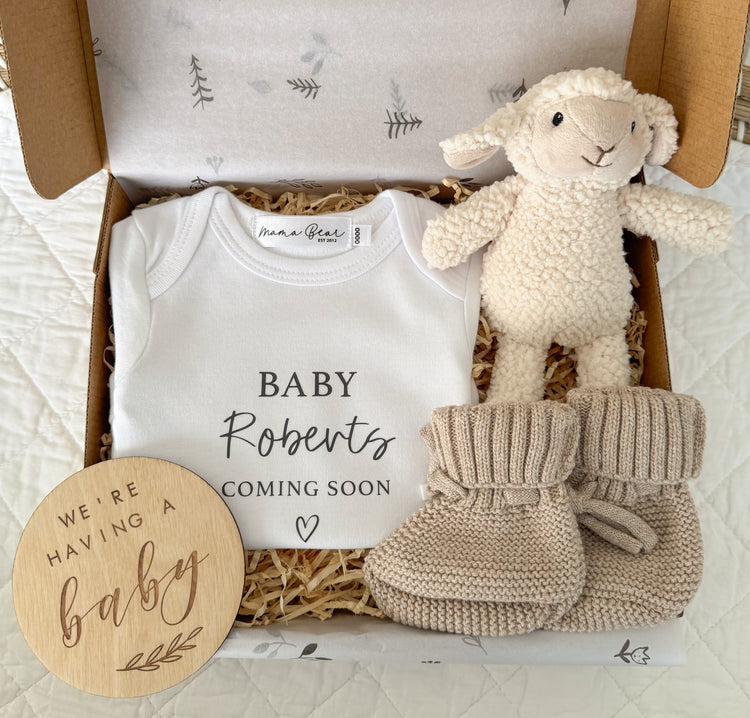 Personalised Baby Announcement Box Australia | Wooden Plaque, Bodysuit & Little Lamb Toy