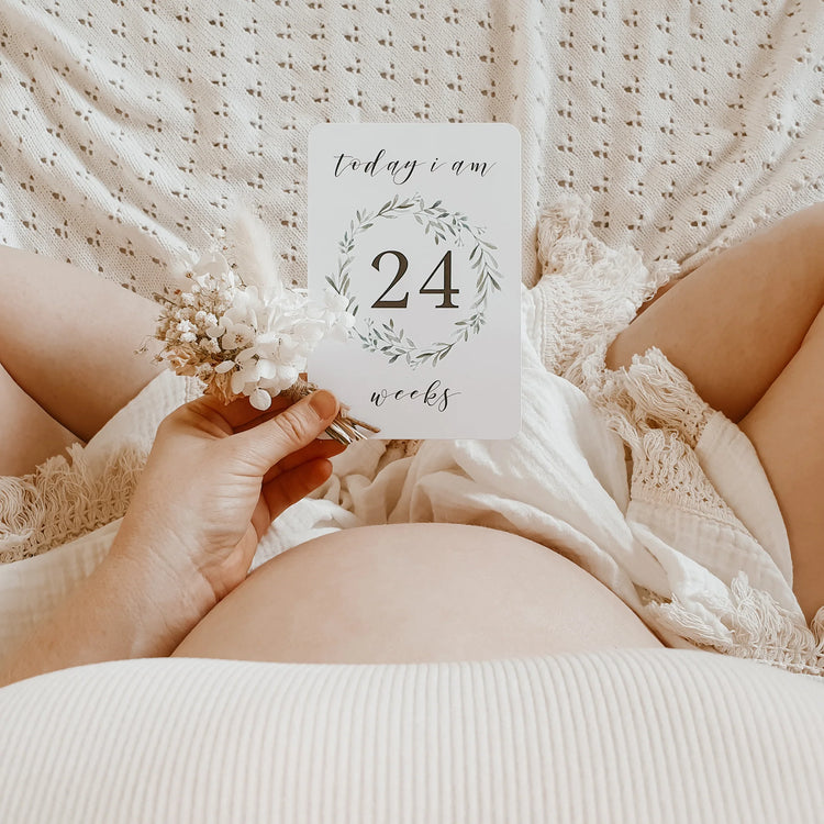Pregnant women sitting on white blanket with her pregnant belly holding a white card that says today i am 24 weeks. The number 24 has a green sage wreath around it.