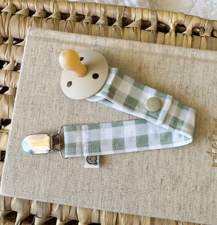 Handmade fabric sage green and white gingham dummy clip
