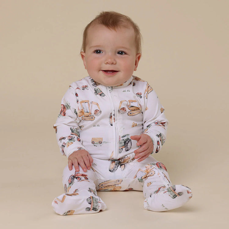 Baby Boy Zip Suit | Diggers & Tractors - Snuggle Hunny Sleepsuit Zip Footie