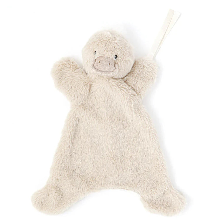 A beige plush duck toy with a soft body designed to be used as a baby sleep aid.