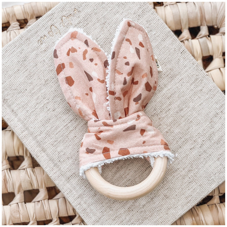 Natural wood & Bunny Ear Teething Ring - Clay Confetti