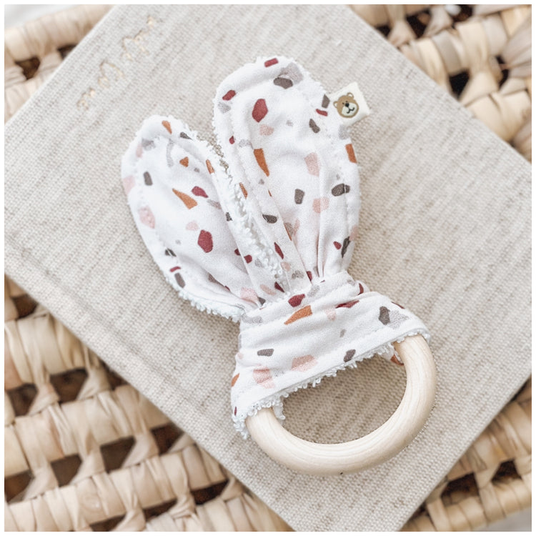 Natural wood & Bunny Ear Teething Ring - Soft Peach Terrazzo