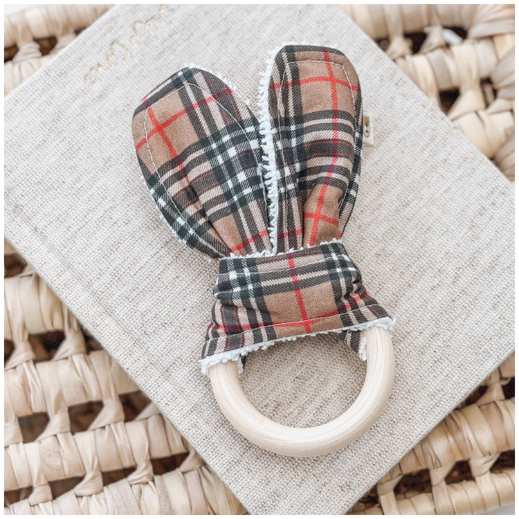 Natural wood & Bunny Ear Teething Ring - Tan Tartan Check