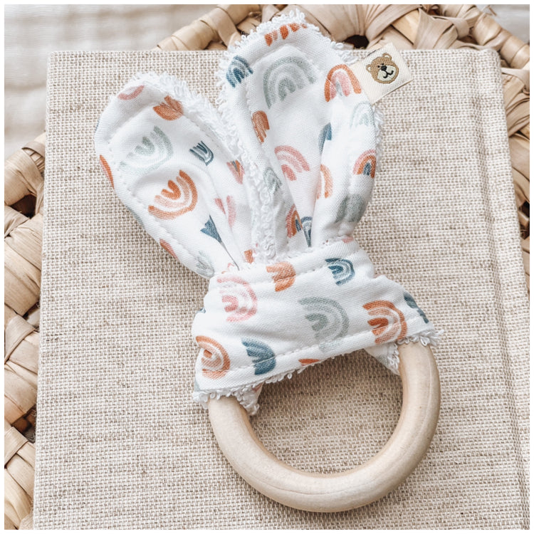 Natural wood & Bunny Ear Teething Ring - Pastel Rainbow