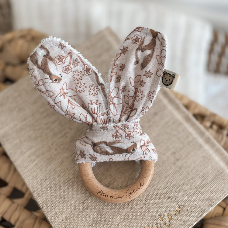 Natural wood & Bunny Ear Teething Ring - Pale pink Bunny