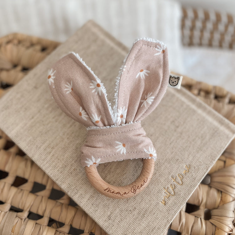 Natural wood & Bunny Ear Teething Ring - Blush Paper Daisy