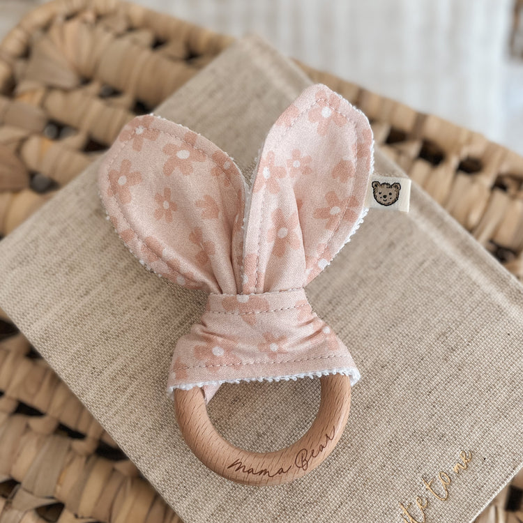 Natural wood & Bunny Ear Teething Ring - Pastel Pink Florals