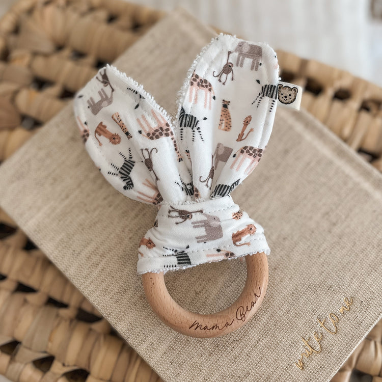 Natural wood & Bunny Ear Teething Ring - Jungle Animals