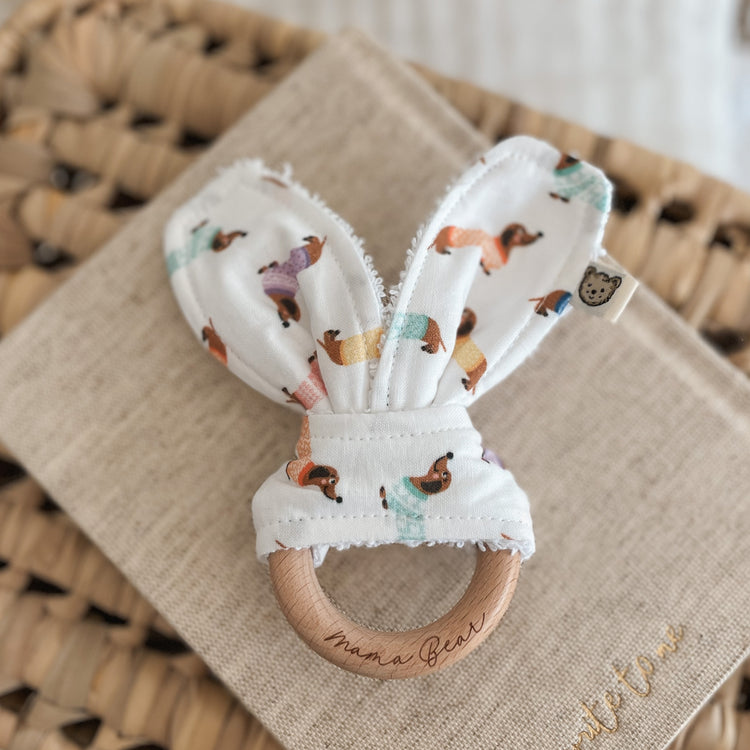 Natural wood & Bunny Ear Teething Ring - White Sausage Dogs