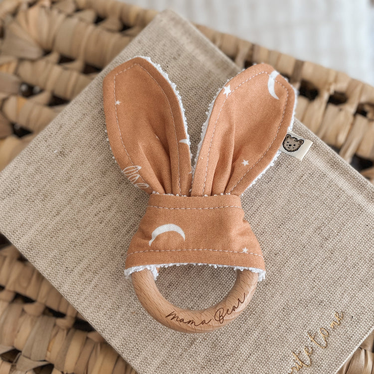 Natural wood & Bunny Ear Teething Ring - Boho Sky