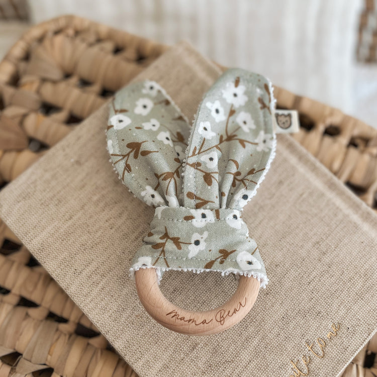 Natural wood & Bunny Ear Teething Ring - Sage Blossoms