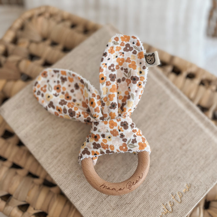 Natural wood & Bunny Ear Teething Ring - Flower Field