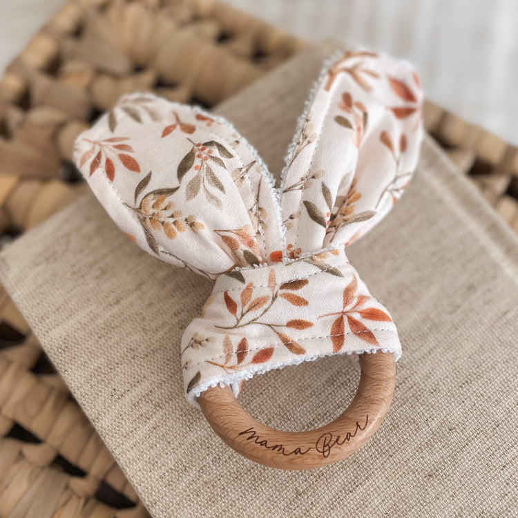 Natural wood & Bunny Ear Teething Ring - Evergreen