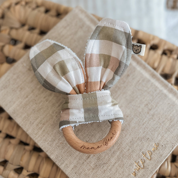 Natural wood & Bunny Ear Teething Ring - Picnic Gingham