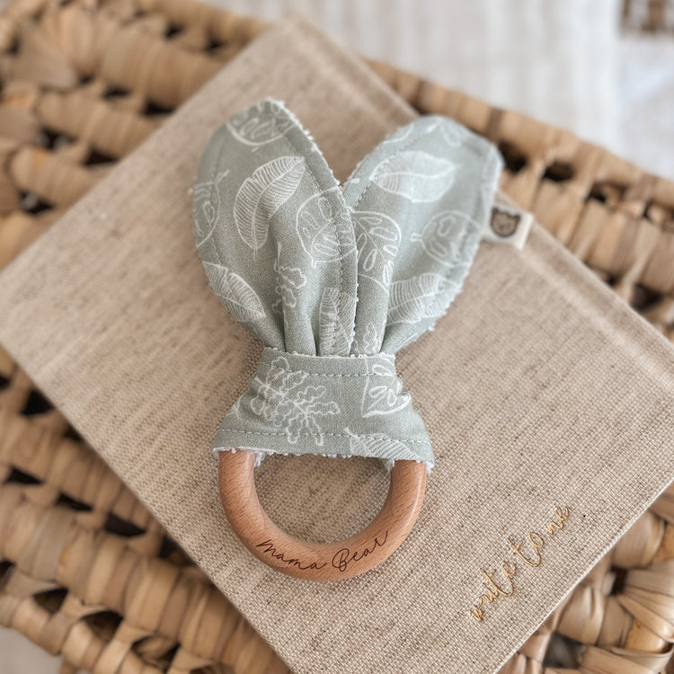 Natural wood & Bunny Ear Teething Ring - Soft Sage Leaf