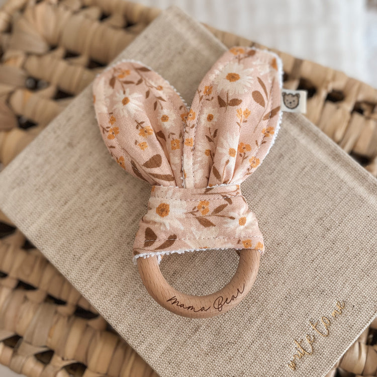 Natural wood & Bunny Ear Teething Ring - Peach Sunflower