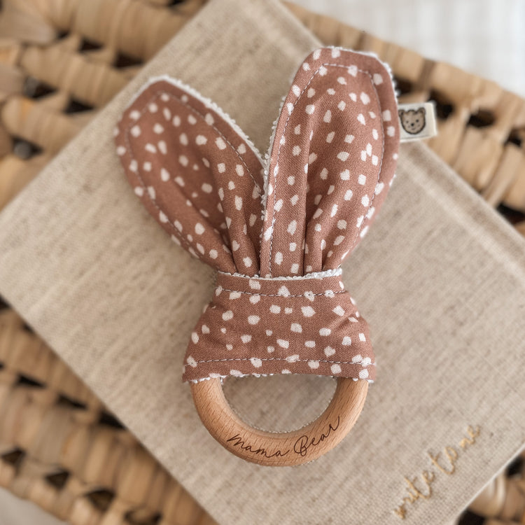 Natural wood & Bunny Ear Teething Ring - Fawn Spots