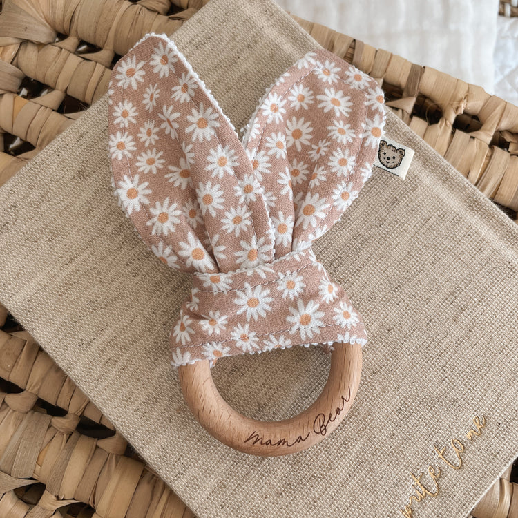 Natural wood & Bunny Ear Teething Ring - Dusty Daisy