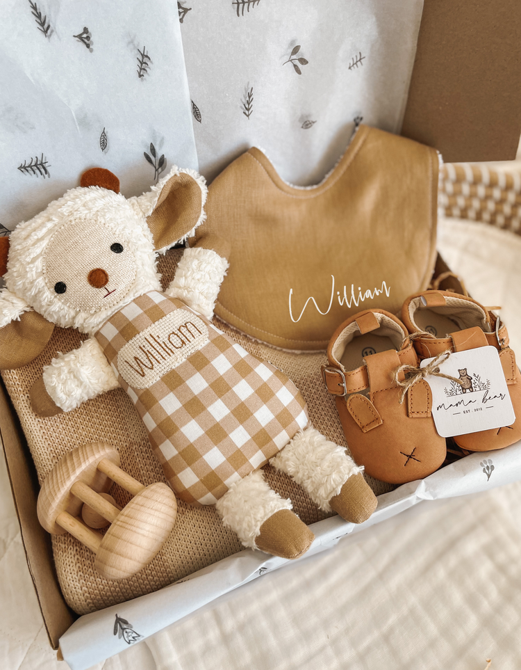 Personalised Baby Lamb & Blanket Giftbox - Caramel Gingham