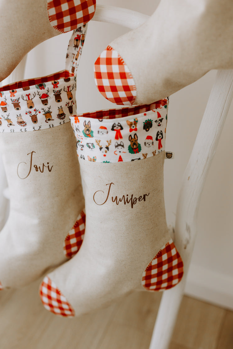 Christmas Stocking with name | Christmas Puppies (White Background)