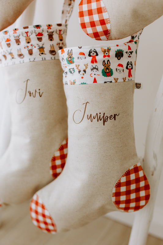 Christmas Stocking with name | Christmas Puppies (White Background)