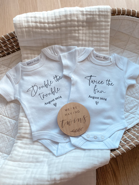 Twin announcement onesies (includes 2) - double the trouble, twice the fun