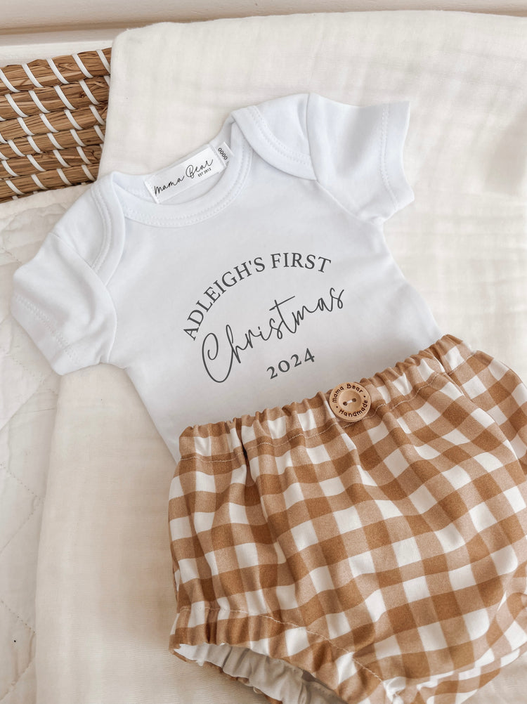 Personalised Baby First Christmas Outfit | Caramel Gingham