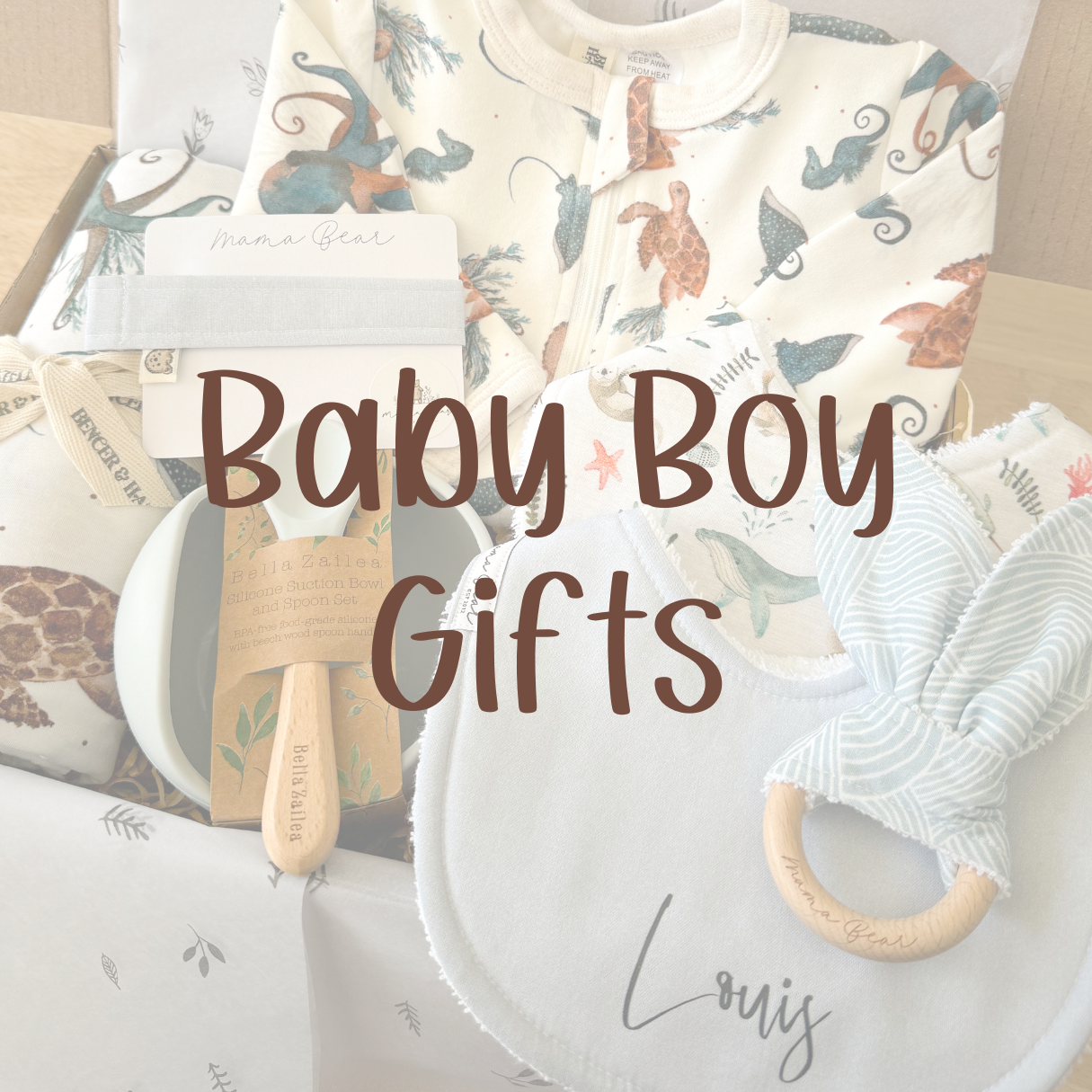 A baby boy gift hamper which is ocean theme. A zip suit with turtles, seahorse, octopus & stingrays all over it in orange and blue tones. Also inside the gift box is a matching swaddle, a bib in similar colours with whales, starfish on it. A plain blue bib personalised with babies name. A teething ring with light blue wavy fabric. A plain blue dummy clip & a light blue suction bowl & spoon set. The image has a white cast over it and the text on top says 