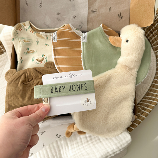 Personalised Baby Boy Newborn Gift Hamper | Sage & Caramel Stripe Goose